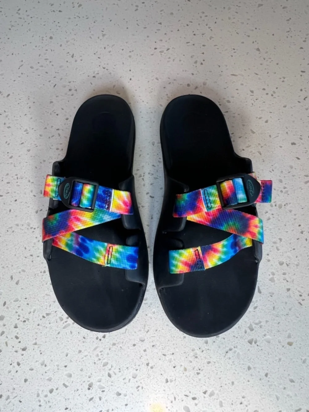 Chaco Chillos Slides Shoes Black Rainbow Tie Dye Adjustable Beach Pool Kids Sz 5